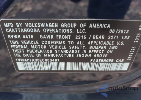 2014 Volkswagen Passat 2.5L S z USA, uszkodzony, nr VIN 1VWAP7A30EC003467